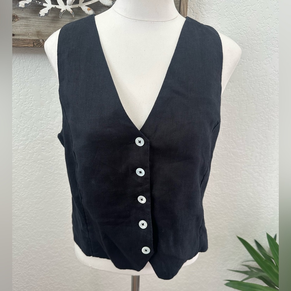 J. Crew Black Sleeveless Button down linen Blouse‎ vest ladies 10 NWT